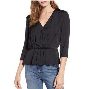 1. State black silky 3/4 sleeve faux-wrap peplum blouse